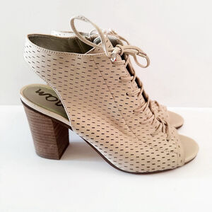 Sam Edelman Ennette Lace-Up Peep Toe Block Heel Sandals Beige Leather Size 8M